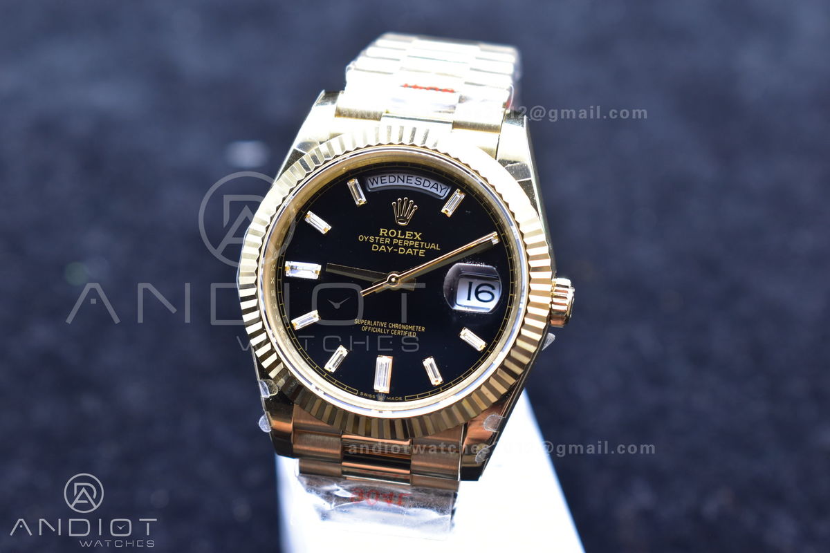 DayDate 40 YG GMF Plated 904L Steel Black Dial Crystal Markers On President Bracelet A2836 V2